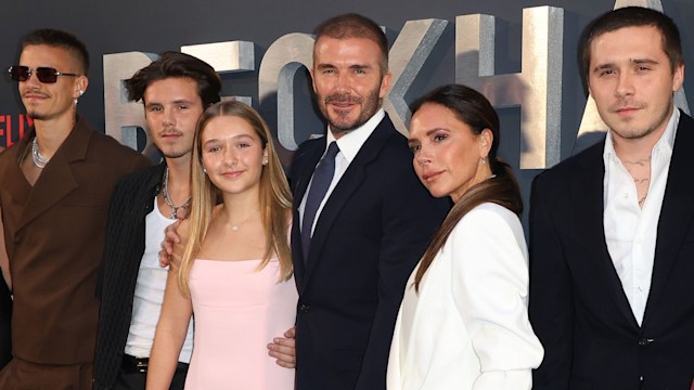 Romeo Beckham, Cruz Beckham, Harper Beckham, David Beckham, Victoria Beckham, and Brooklyn Peltz Beckham attend the Netflix 'Beckham' UK Premiere at The Curzon Mayfair