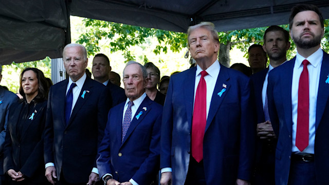 US Vice President and Democratic presidential candidate Kamala Harris, US President Joe Biden, former Mayor of New York Michael Bloomberg, former US President and Republican presidential candidate Donald Trump and US Senator from Ohio and Republican vice presidential candidate J.D. Vance attend a remembrance ceremony on the 23rd anniversary of the September 11 terror attack on the World Trade Center at Ground Zero, in New York City on September 11, 2024