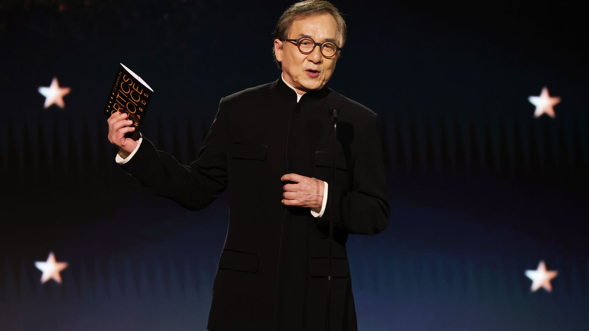 Jackie Chan speaks onstage during the 30th Annual Critics Choice Awards at Barker Hangar on February 07, 2025 in Santa Monica, California