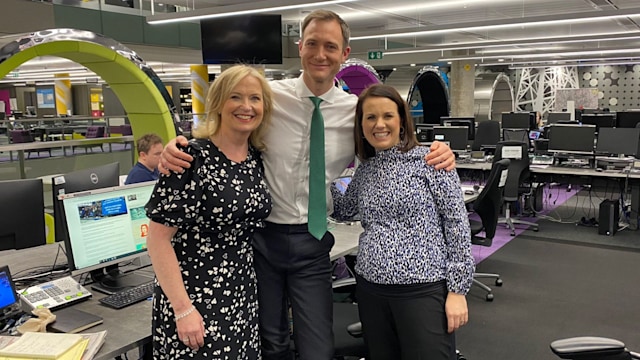 Carol Kirkwood with Nina Warhurst and John Watson in the BBC studios 