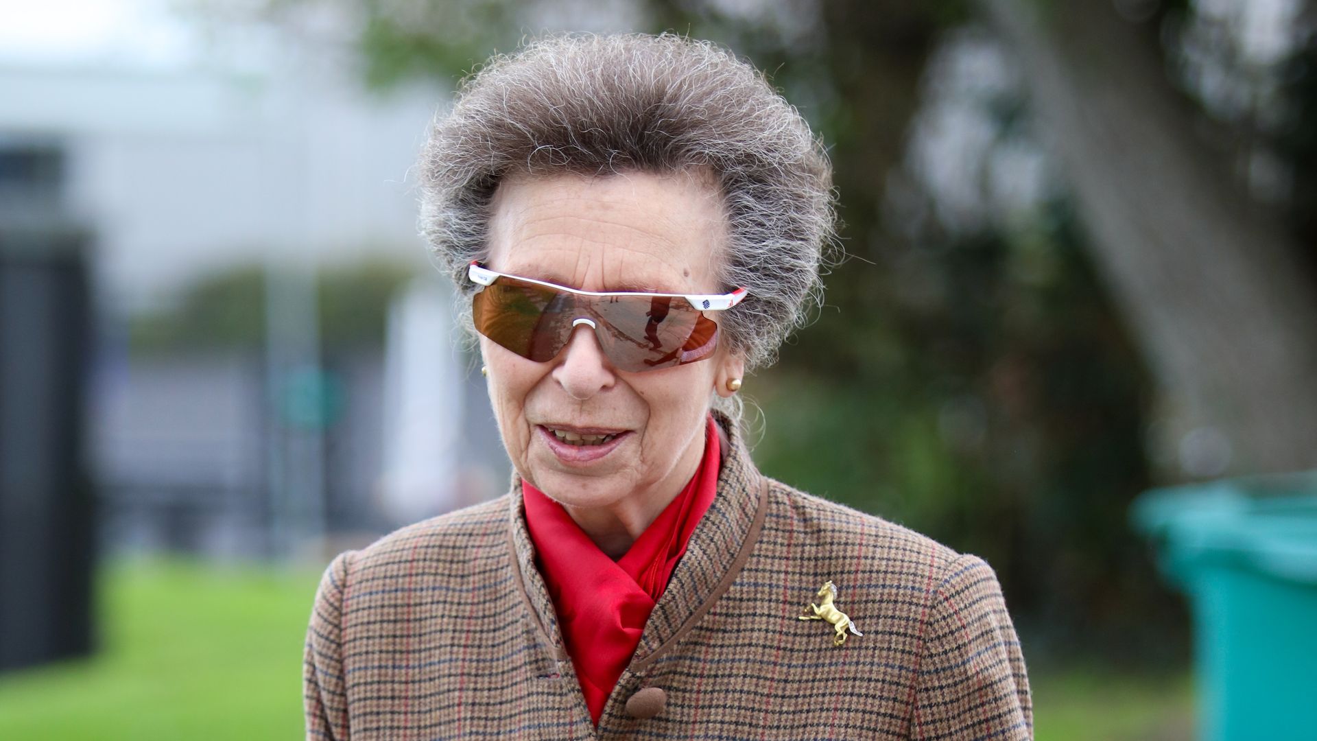 Princess Anne wearing brown tweed skirt suit, red scarf and sunglasses