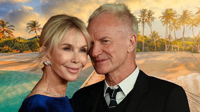 Creative image showing Sting and Trudie Styler's image with the Maldives beach front as the background