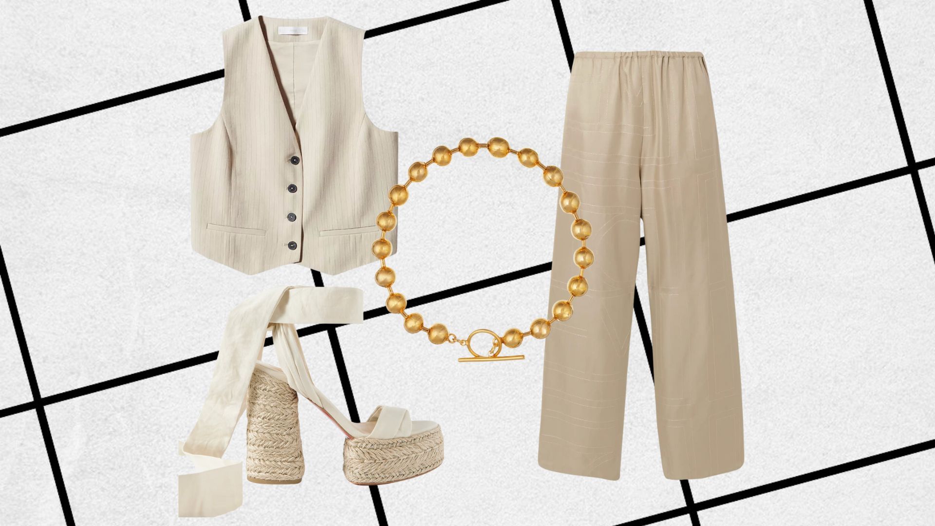 Honeymoon outfit consisting of wide-leg trousers, beige waistcoat, gold necklace and espadrille wedges  