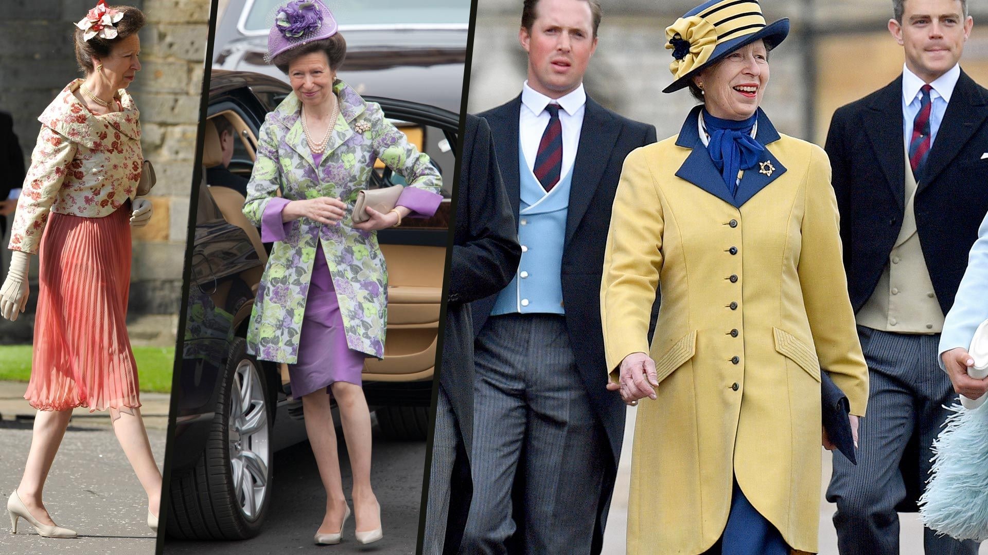Princess Anne in coral, purple and yellow wedding guest dresses
