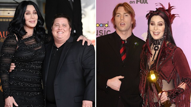 Split image showing Cher with Chaz Bono (left) and Elijah Blue Allman (right)