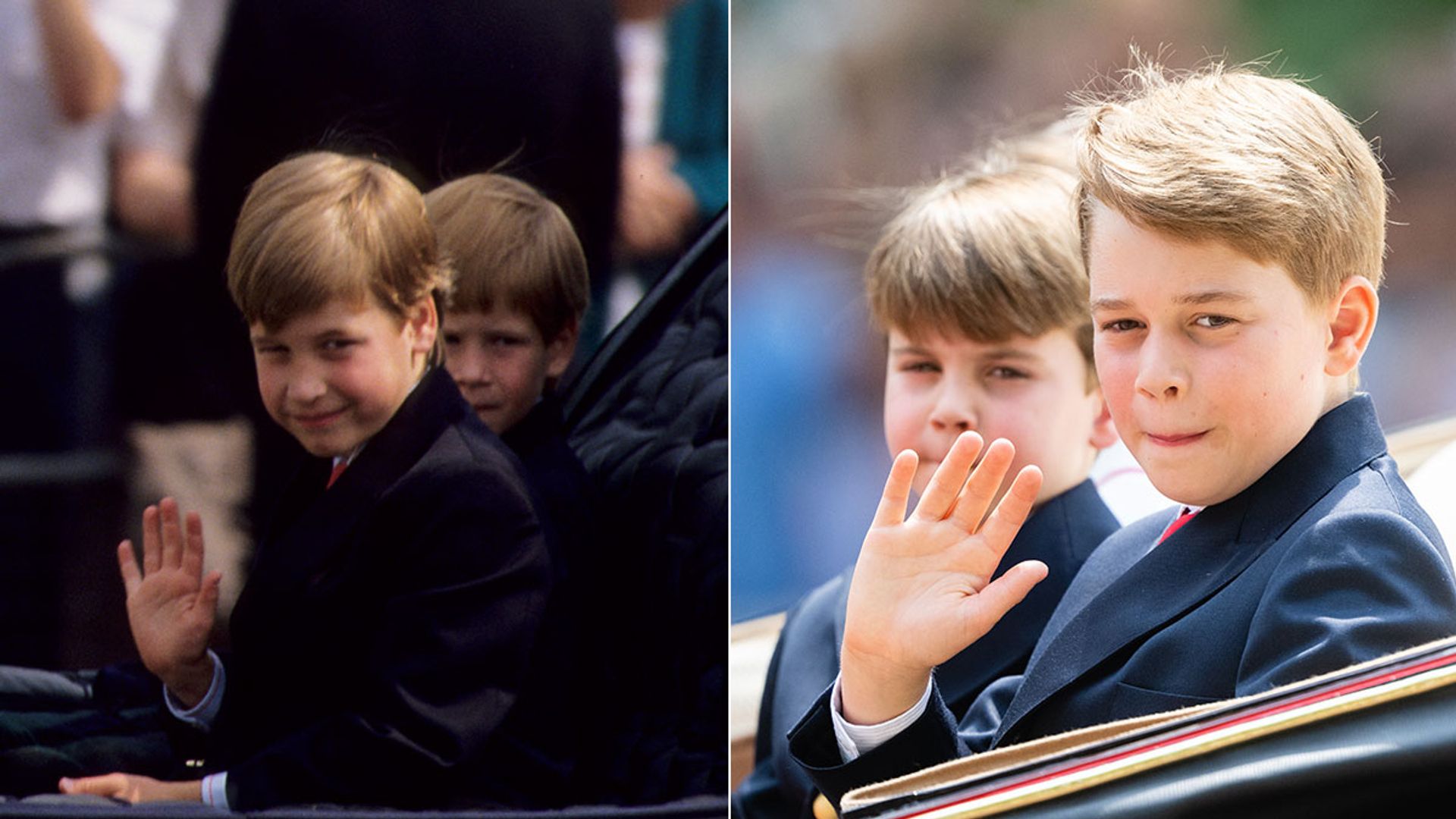 split image showing prince william and prince george at trooping