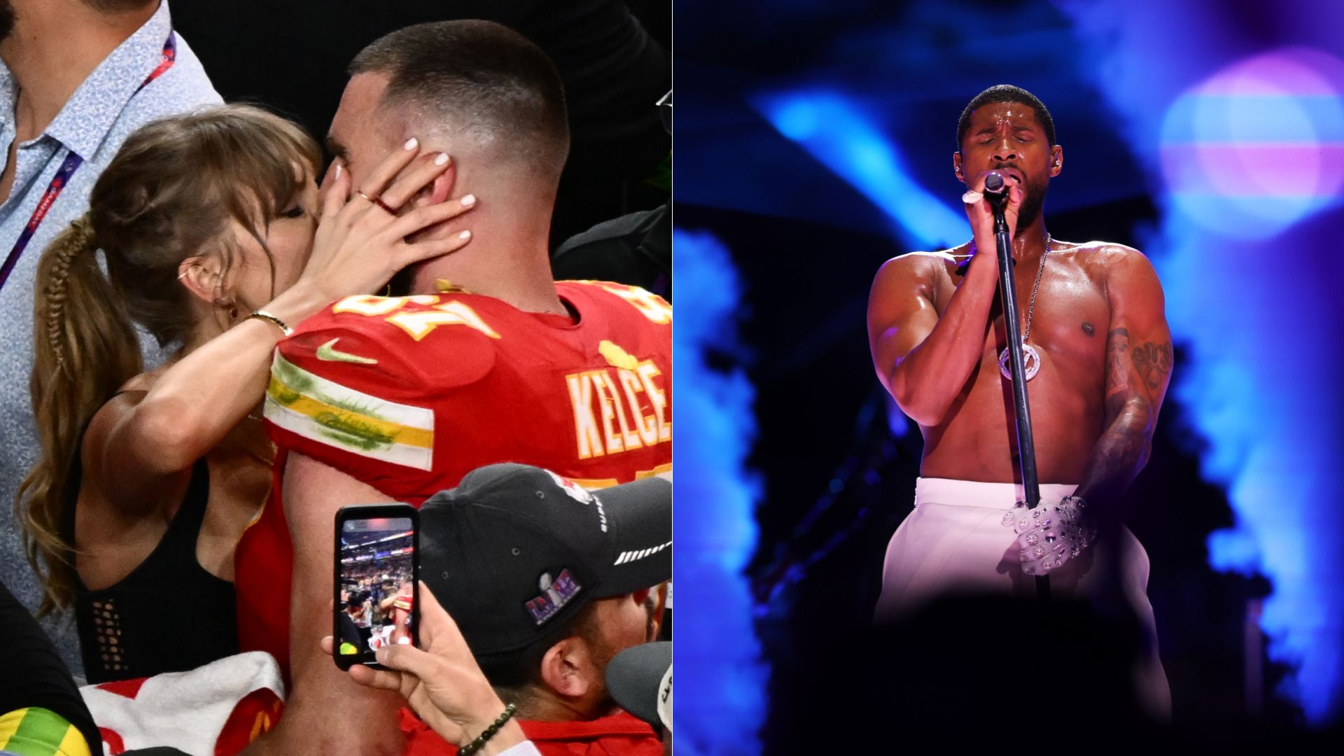 Taylor Swift, Travis Kelce, and Usher from Super Bowl LVIII