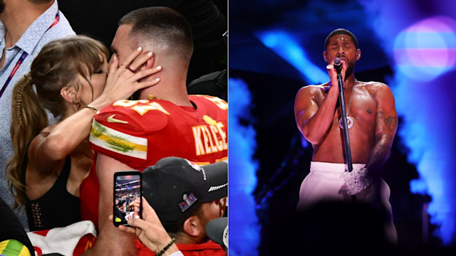 Taylor Swift, Travis Kelce, and Usher from Super Bowl LVIII