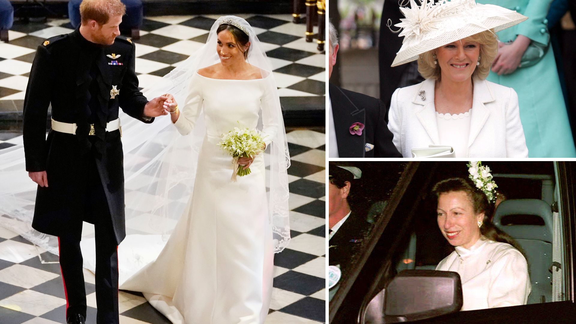 Meghan Markle, Queen Camilla and Princess Anne at their royal weddings