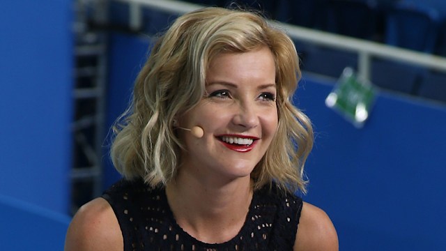 Helen Skelton commentating on a swimming race