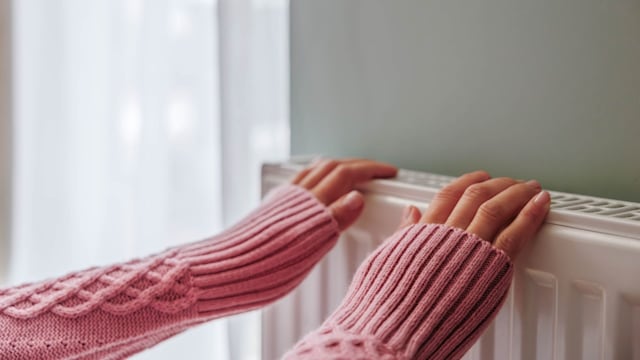 An unrecognisable woman in a pink warm jumper warming her hands at the heating radiator. Energy crisis and cold weather concept