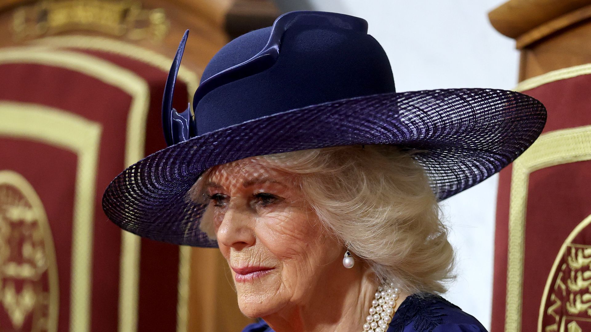 Queen Camilla in a purple outfit sitting on a throne