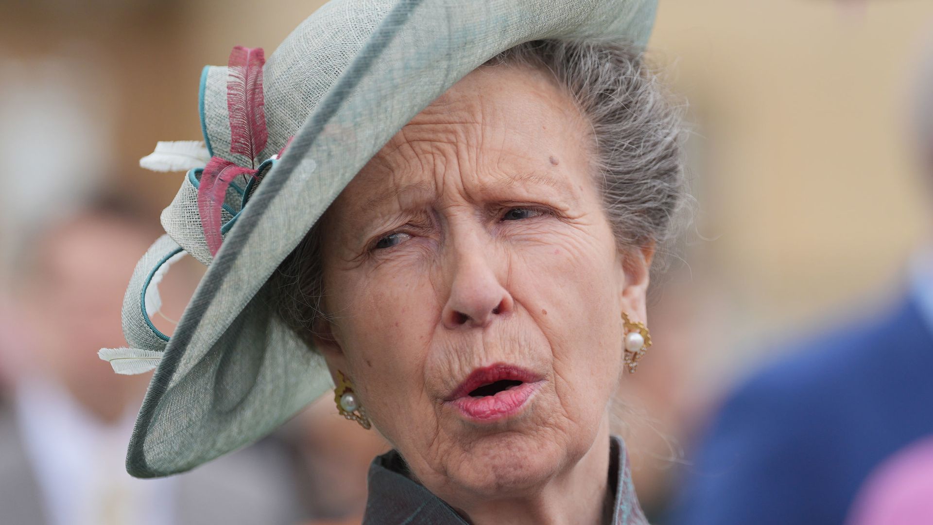 Princess Anne wearing green hat at garden party