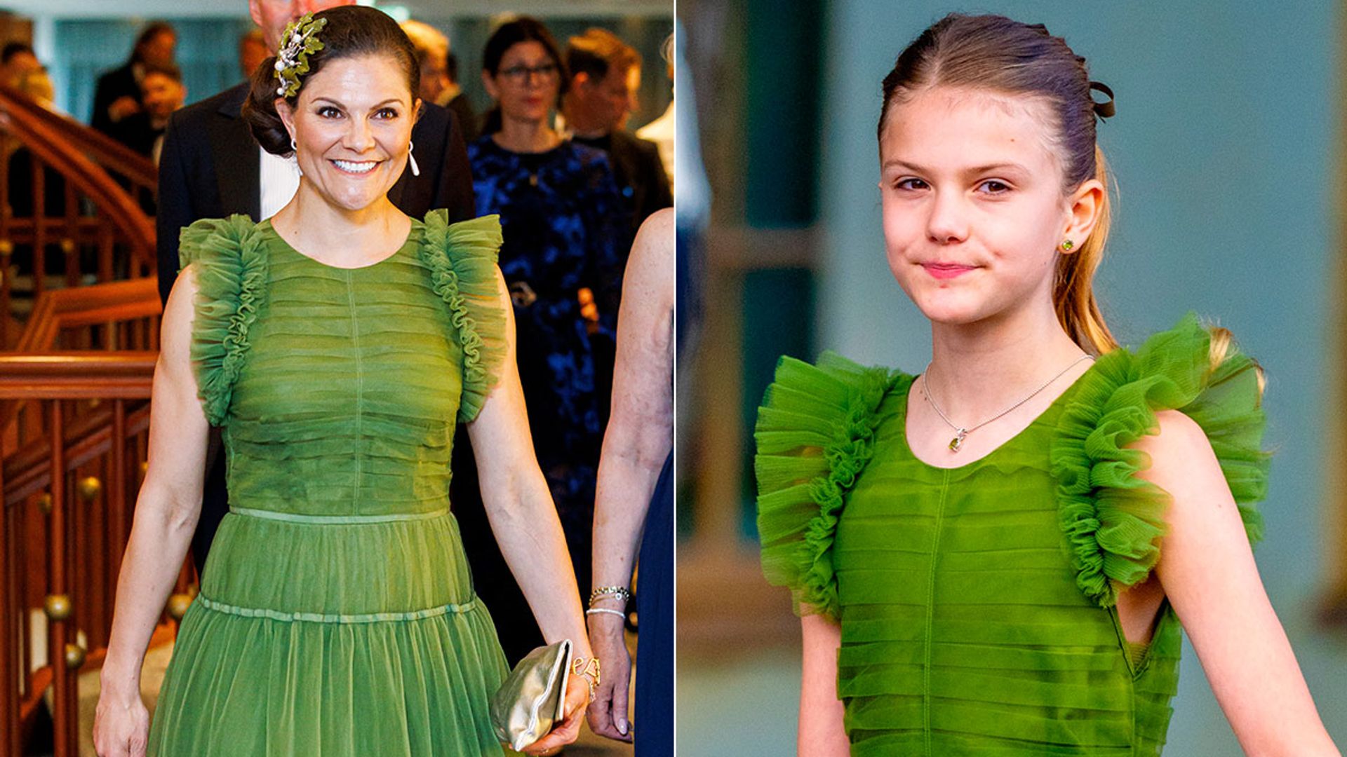 mother and daughter in green tulle dress