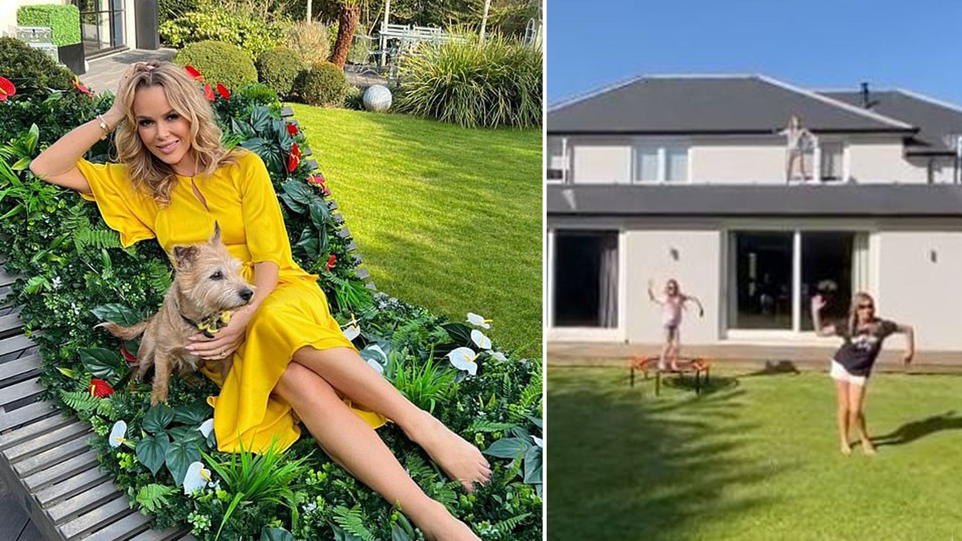 Amanda holden posing with dog in beautiful garden of surrey home