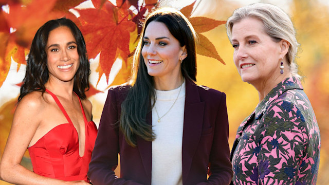 meghan markle, princess kate, duchess sophie with autumn leaf backdrop