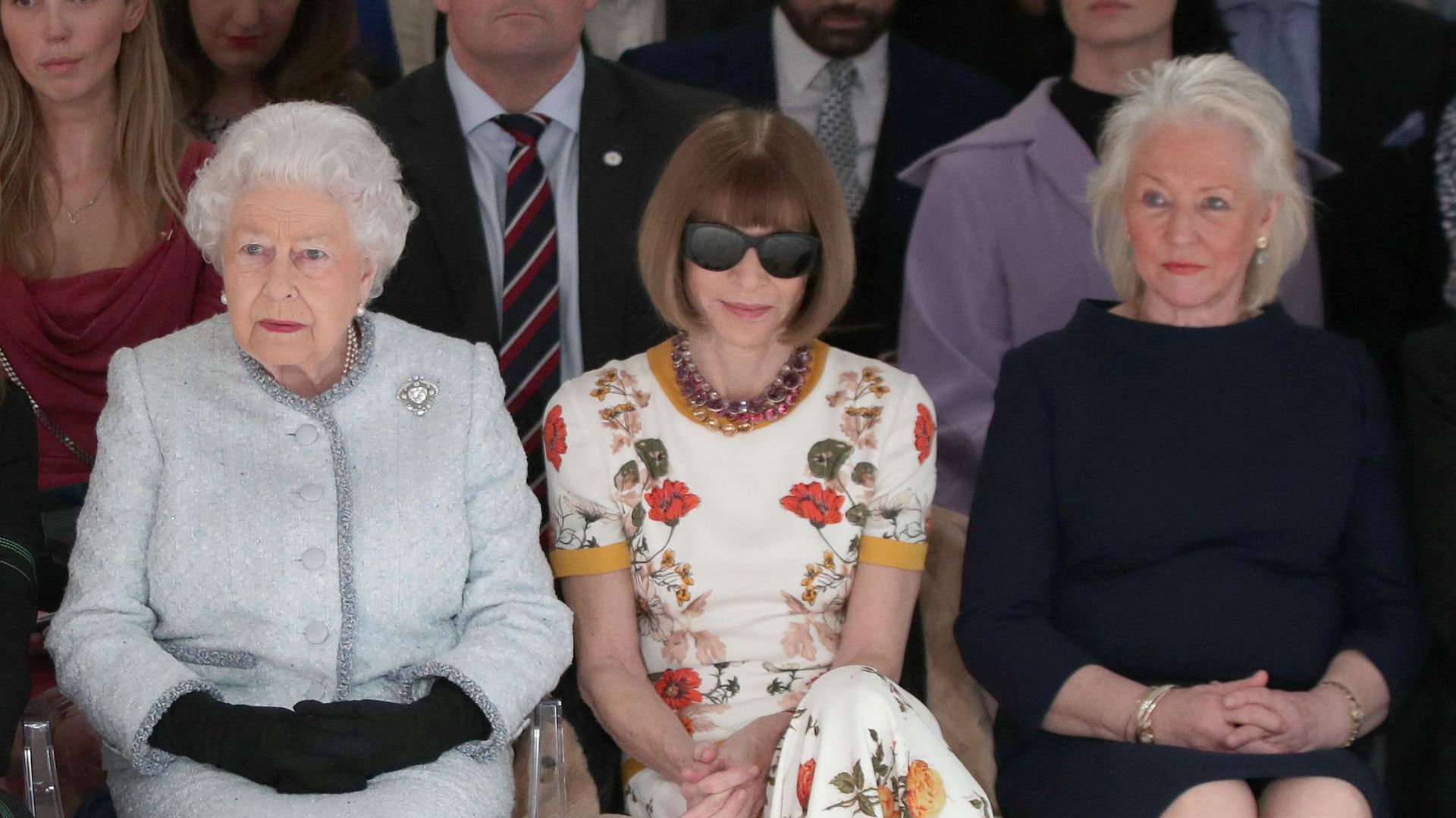 Queen Elizabeth II, Anna Wintour and Angela Kelly at London Fashion Week