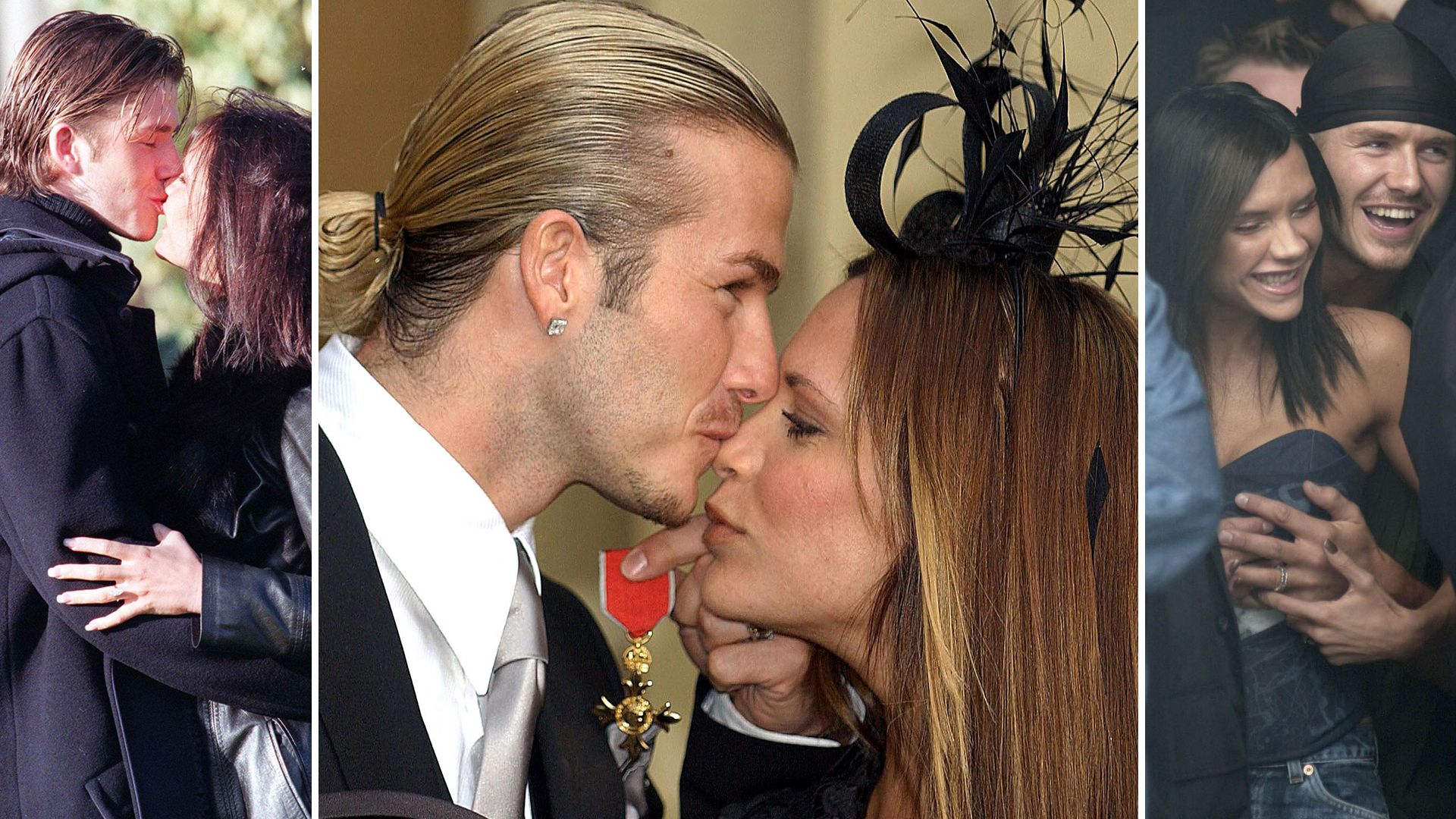 Victoria and David Beckham kissing and hugging