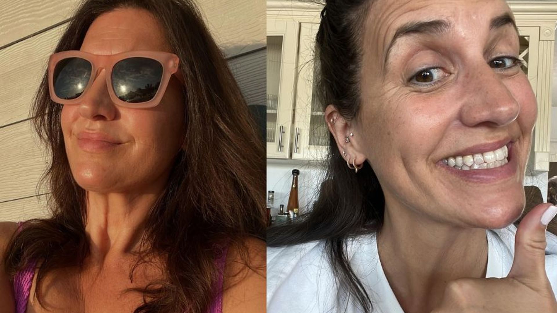 side by side photo of donna francis smiling and glowing 