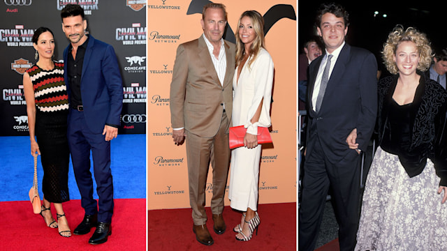 Split image of Wendy Moniz and Frank Grillo, Kevin Costner and Christine Baumgartner and Danny Huston and Virginia Madsen