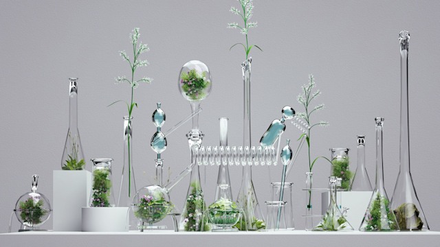 Digital generated image of glass transparent test tubes filled with grass and flowers standing on grey cube against grey background.