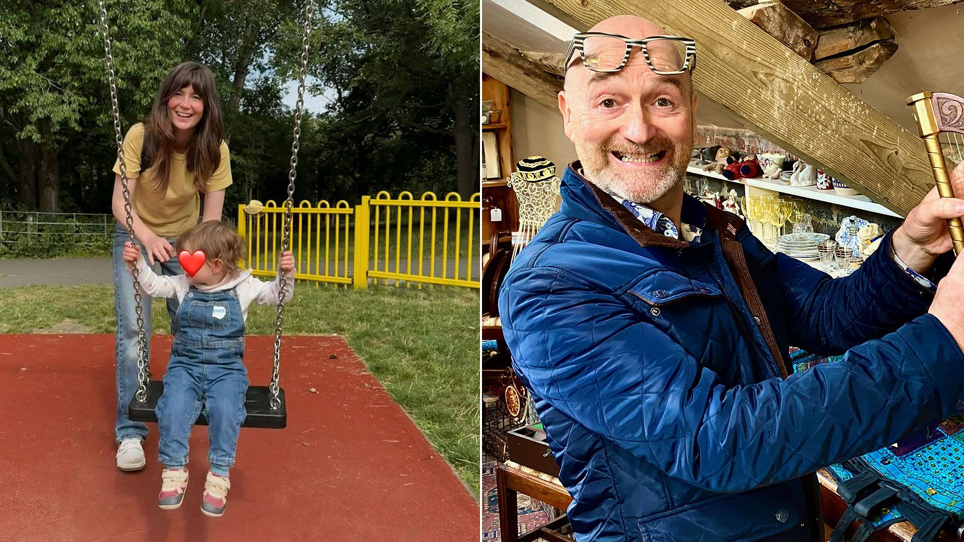 natasha raskin sharp pushing daughter on swing beside photo of david harper holding harp