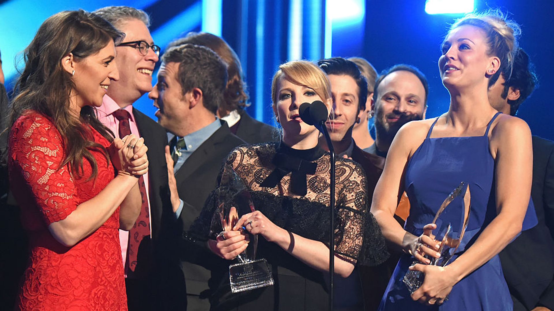 The cast and crew of 'The Big Bang Theory' accept an award onstage during the People's Choice Awards 2017