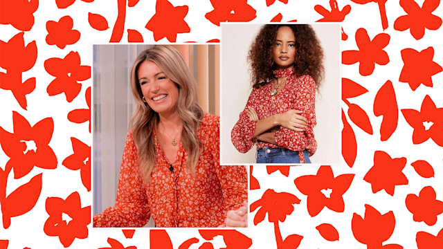 floral background split image cat deeley and floral blouse