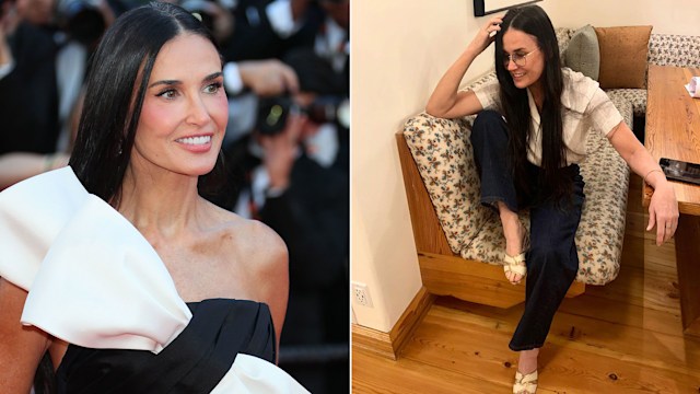 Split of Demi Moore in black dress with white bow and Demi in breakfast nook