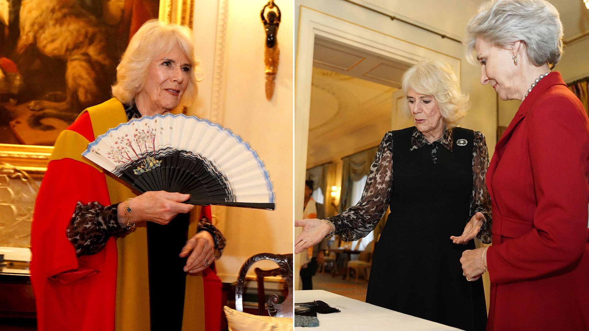 Queen Camilla holding a fan and Queen Camilla and the Duchess of Gloucester