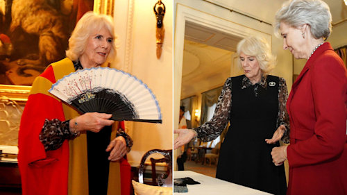 Queen Camilla holding a fan and Queen Camilla and the Duchess of Gloucester