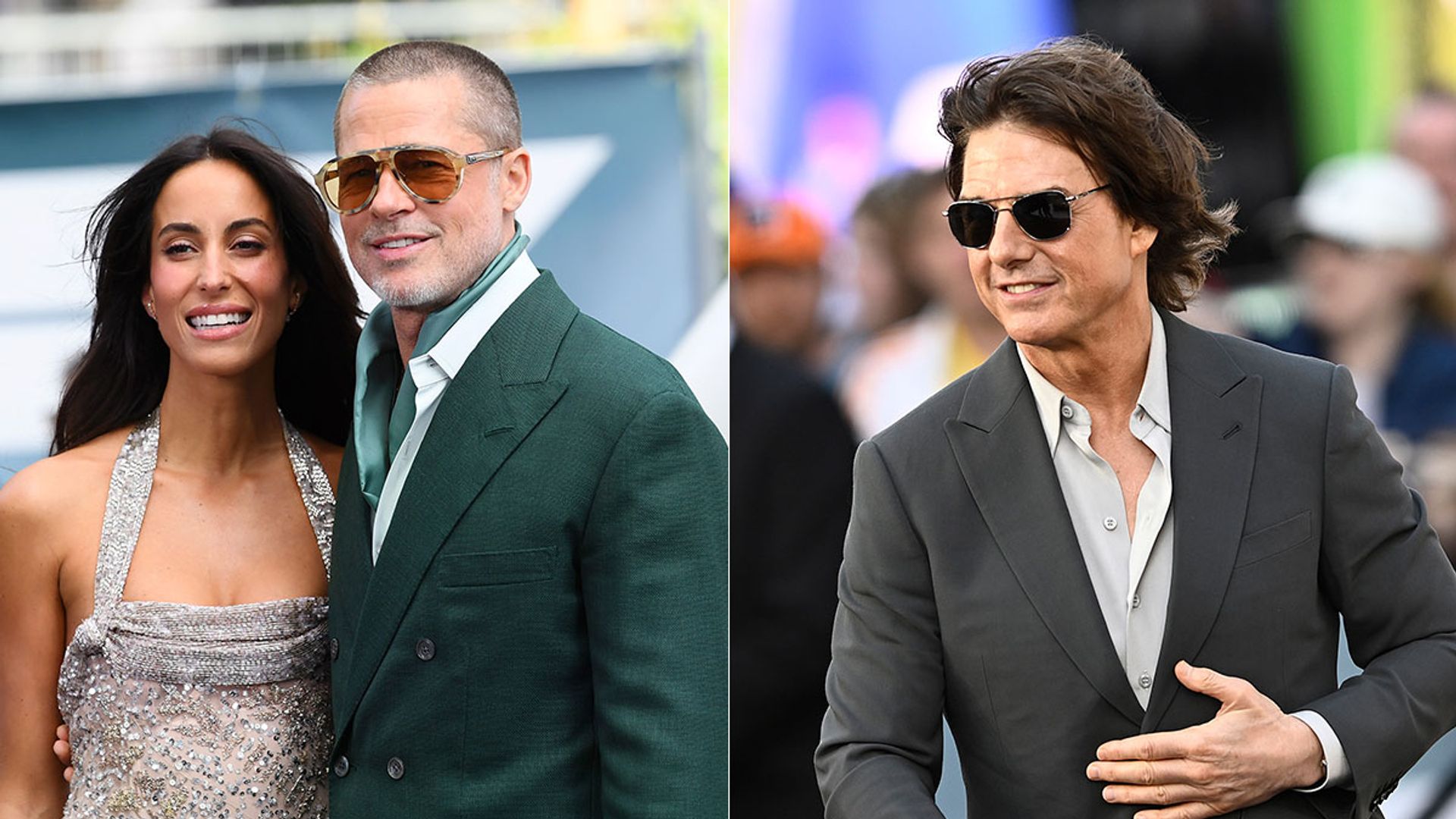 split image showing brad pitt with ines de ramon and tom cruise