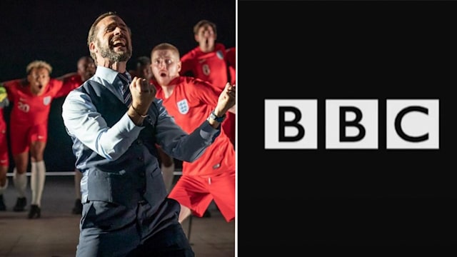 man in suit cheering in front of footballers, BBC logo