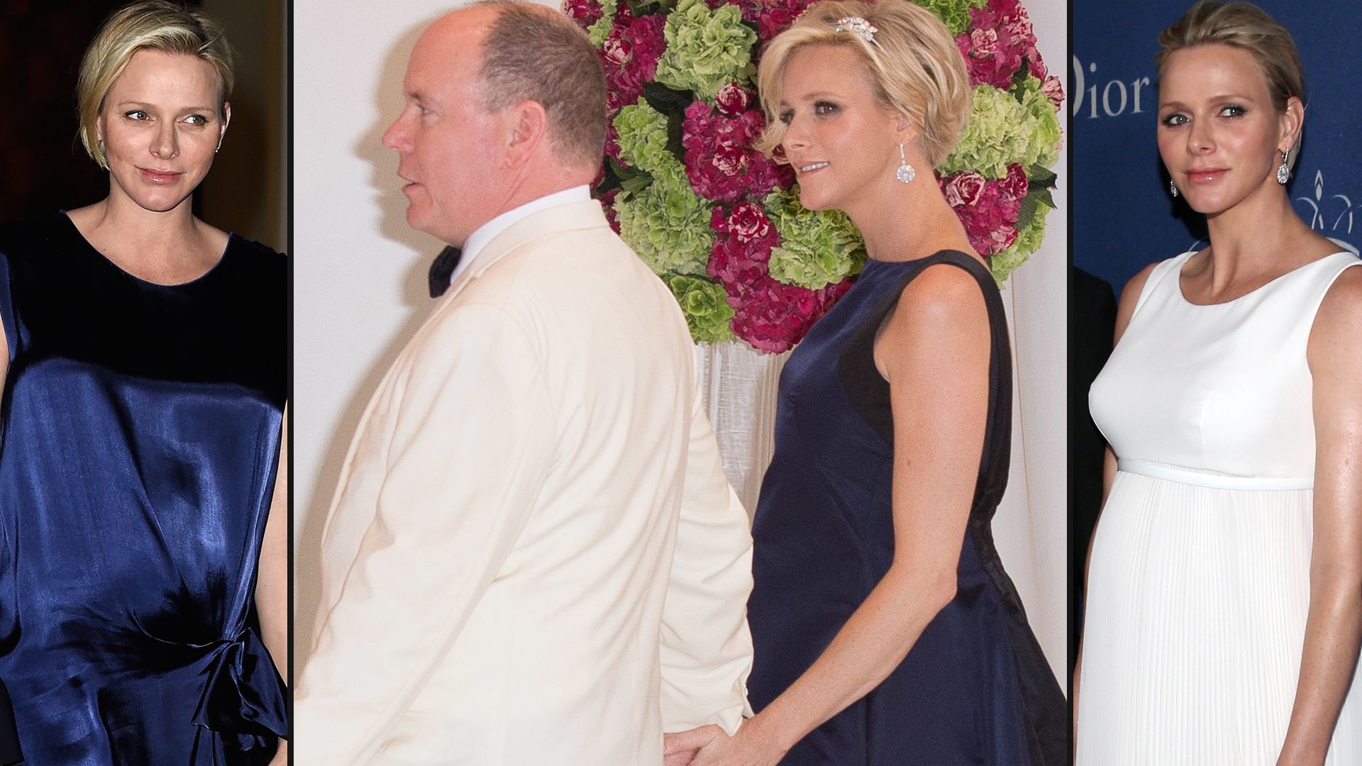 Princess Charlene showing off her baby bump in blue and white dresses