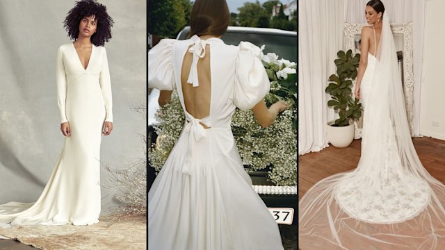 A split picture of three wedding dresses you can rent on the internet
