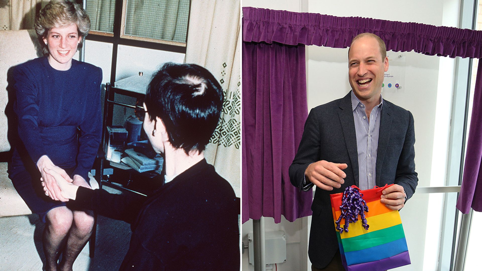 Split image of Princess Diana shaking hands with a HIV patient and Prince William carrying a rainbow-coloured bag