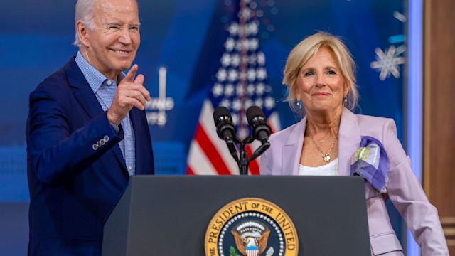 President Joe Biden and first lady Jill Biden speak at the The National Education Association Event at the White House on July 04, 2023 in Washington, DC.