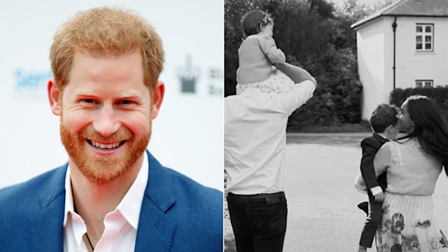 Harry smiling and Harry and Meghan with their children