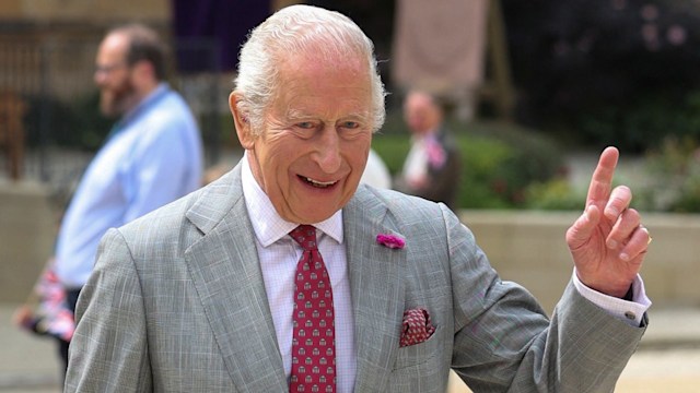 King Charles pointing finger in grey suit