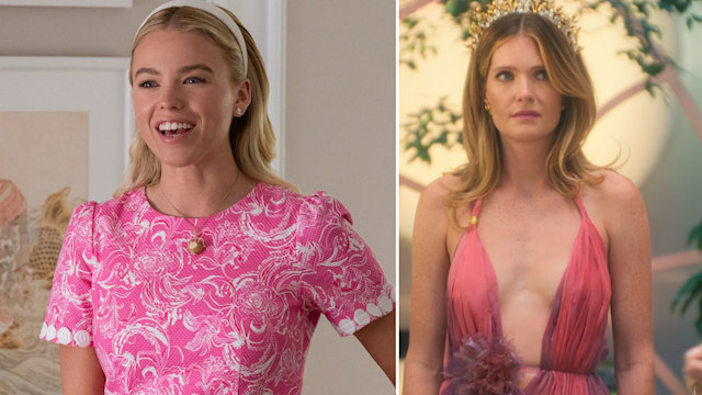 Meghann Fahy, who plays Devon DeWitt, and Milly Alcock, who plays Simone DeWitt both looking stylish on Sirens on Netflix