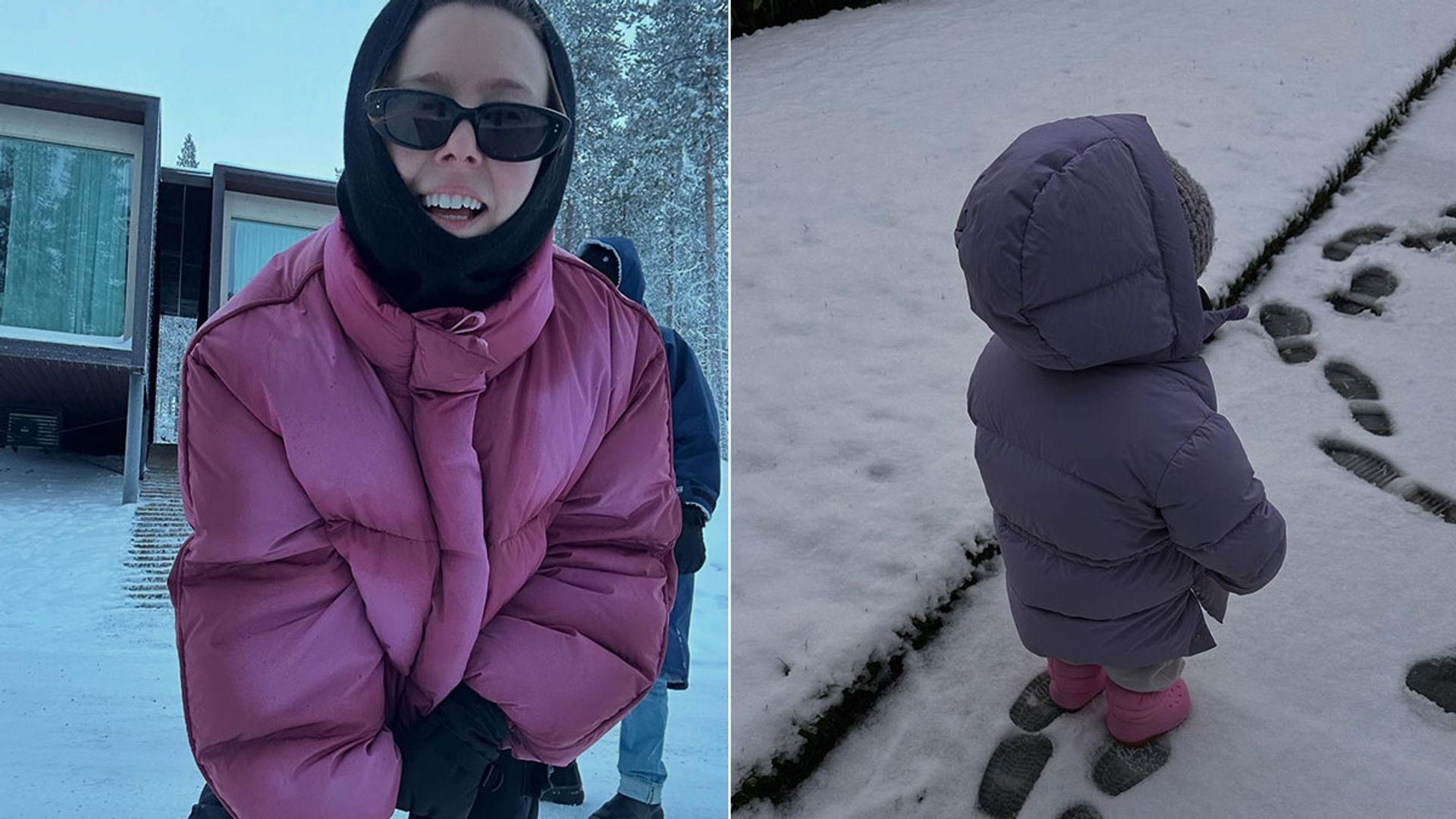 split image of woman in pink jacket and young girl in purple coat