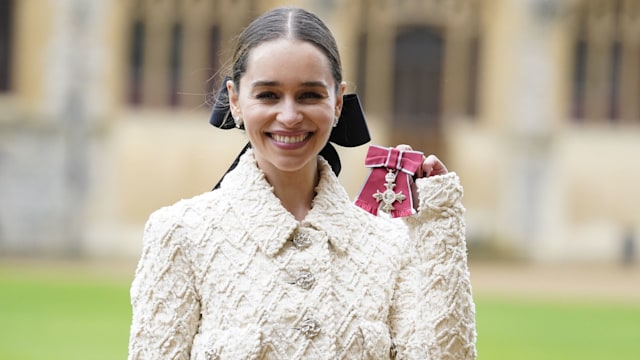 WINDSOR, ENGLAND - FEBRUARY 21: Emilia Clarke, Co-Founder and Trustee, SameYou, after being made a Member of the Order of the British Empire during an investiture ceremony at Windsor Castle, on February 21, 2024 in Windsor, England. (Photo Andrew Matthews - Pool/Getty Images)