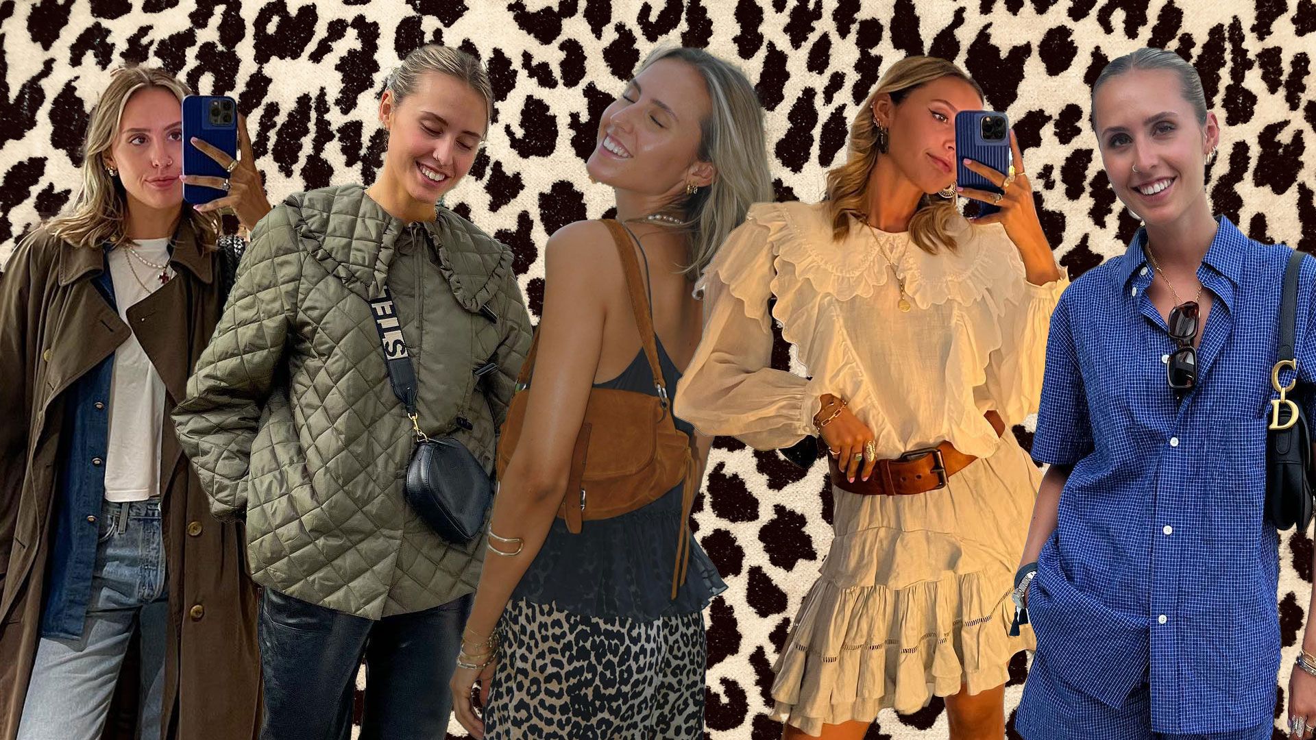 Mia Southgate in five outfits on leopard backdrop