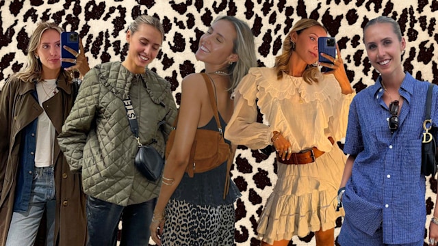 Mia Southgate in five outfits on leopard backdrop