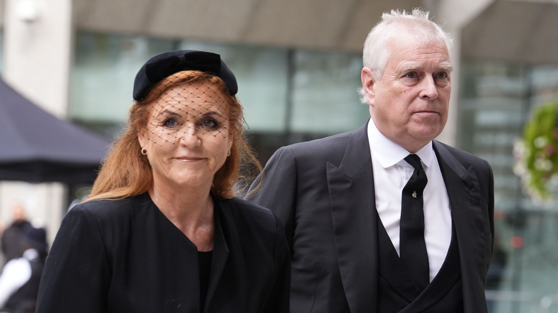 Sarah, Duchess of York and Prince Andrew, Duke of York arrive for the Requiem Mass service for Katharine, Duchess of Kent at Westminster Cathedral 