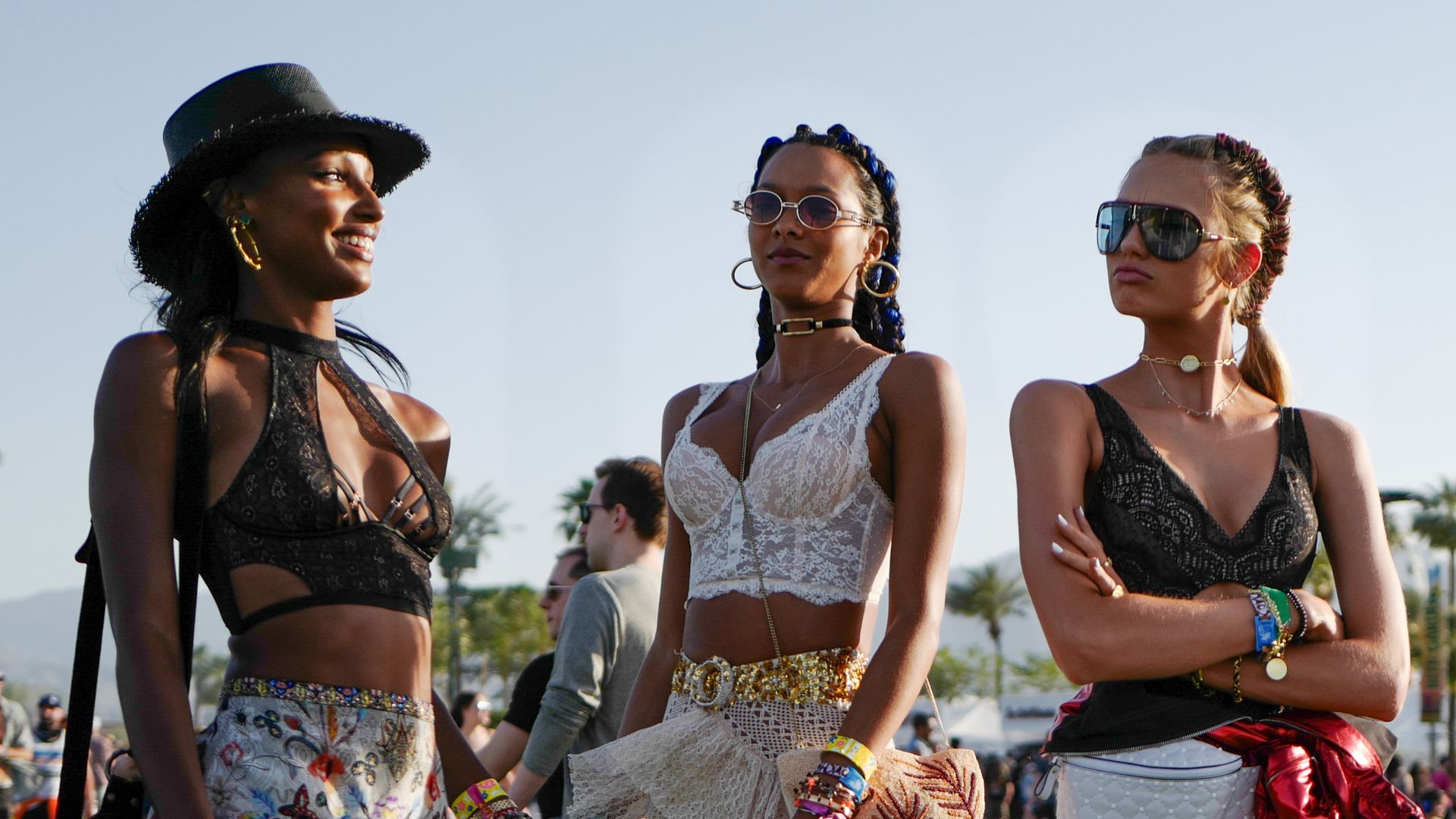 Jasmine Tookes, Lais Ribeiro and Romeo Strijd during day 1 of the 2018 Coachella Valley Music & Arts Festival Weekend 1 on April 13, 2018 in Indio, California