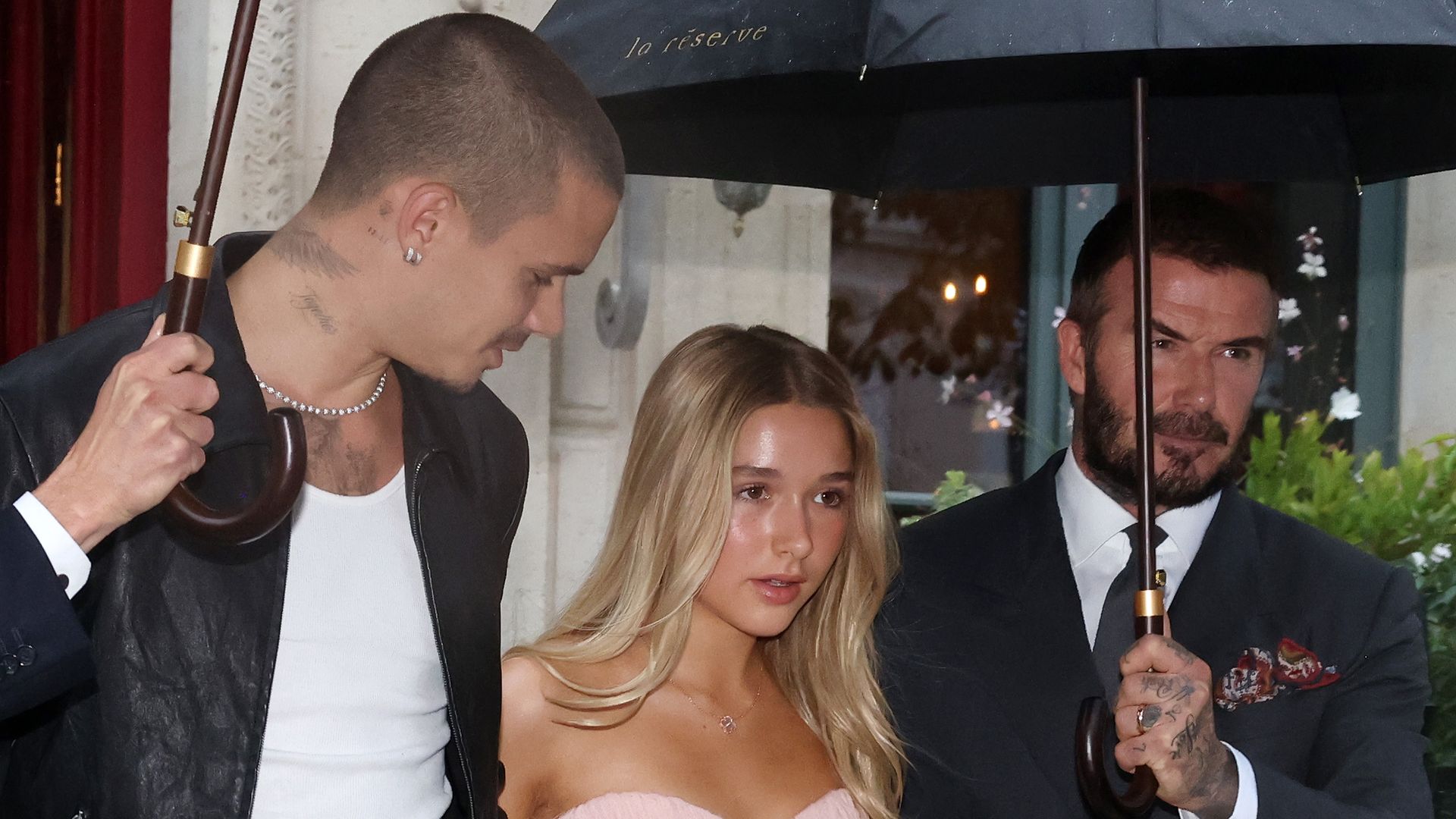 David Beckham, Romeo Beckham and Harper Beckham leaving their hotel ahead of the Victoria Beckham's show in Paris