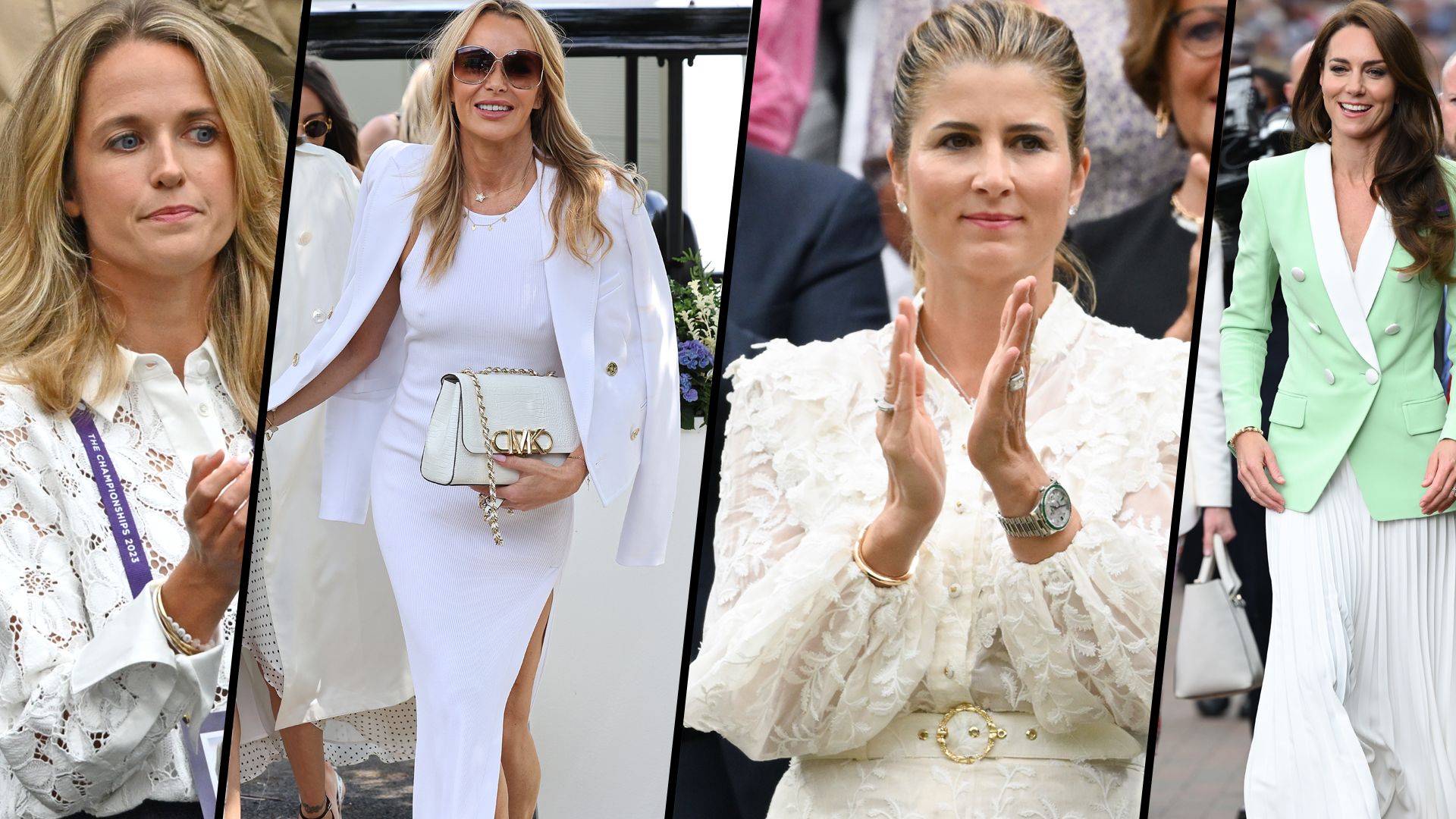 Kim Murray, Amanda Holden, Mirka Federer and Kate Middleton in bridal white dresses at Wimbledon
