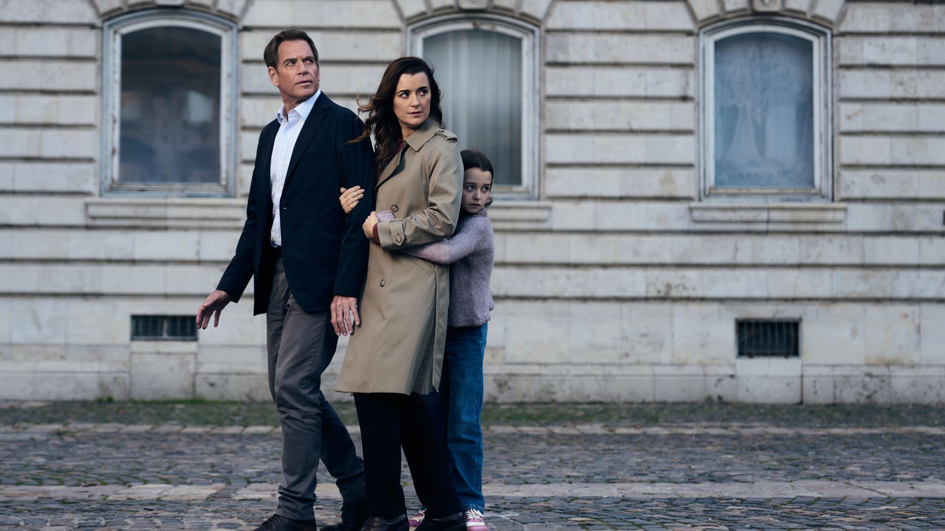 L-R Michael Weatherly as Tony Dinozzo, Cote de Pablo as Ziva David  and Isla Gie as Tali In NCIS: Tony & Ziva