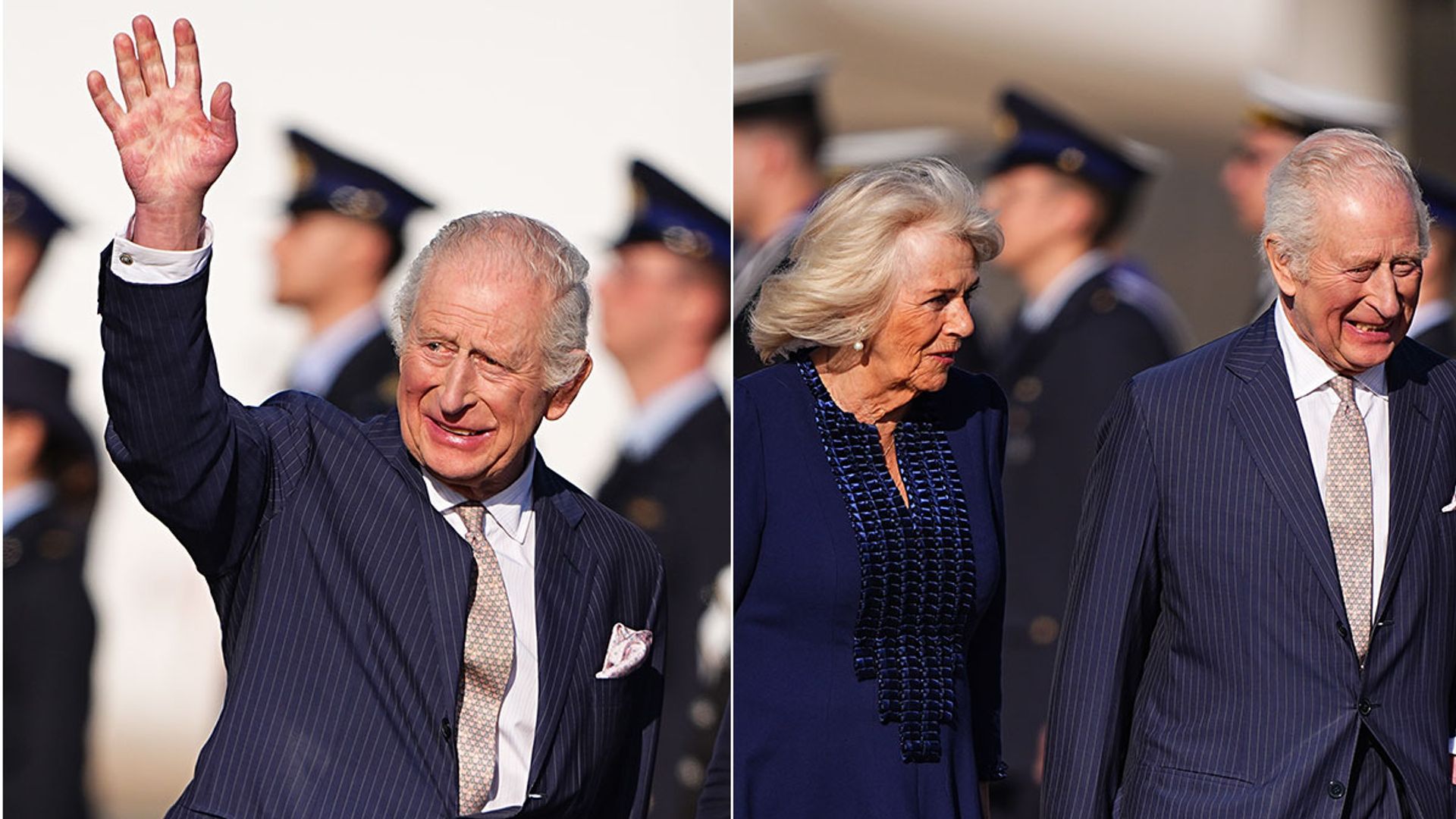 split image showing king charles and camilla arriving in Italy